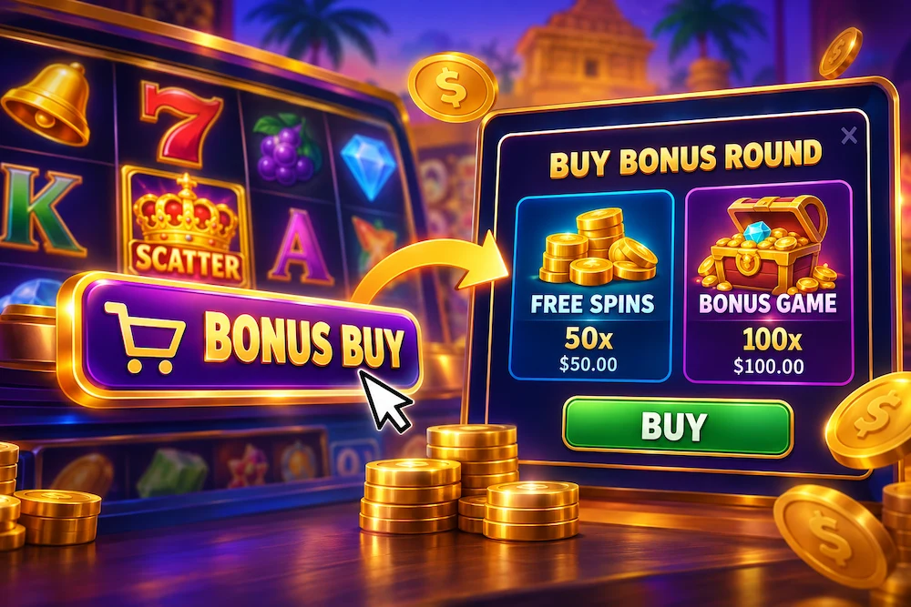 Bonus Buy in slots showing free spins and bonus round purchase options with 50x and 100x bet multipliers.