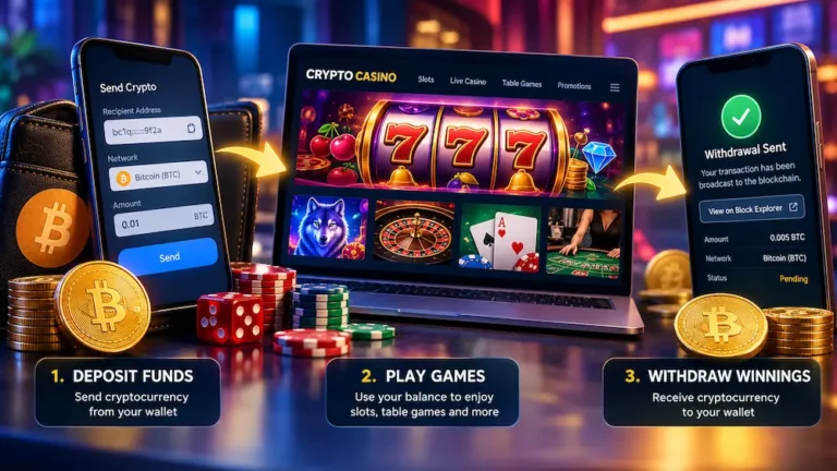 How crypto casinos work: depositing Bitcoin, playing online casino games, and withdrawing winnings to a crypto wallet.