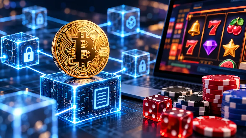 Blockchain network connecting cryptocurrency transactions and online casino games, illustrating crypto casino transparency.